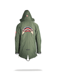 GREEN ARMY PATCHES LONG PARKA HOODY MENS (SIZE SMALL)
